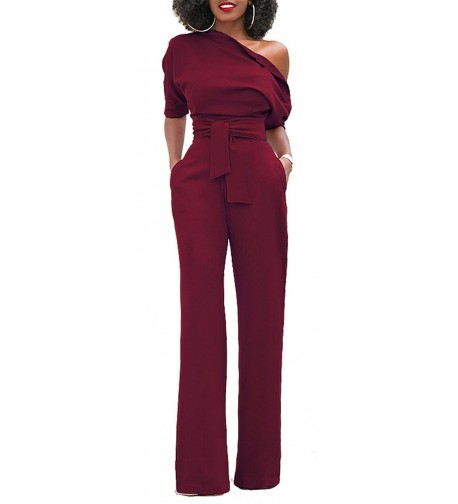 Fashion Shoulder Jumpsuit Bandage Burgundy