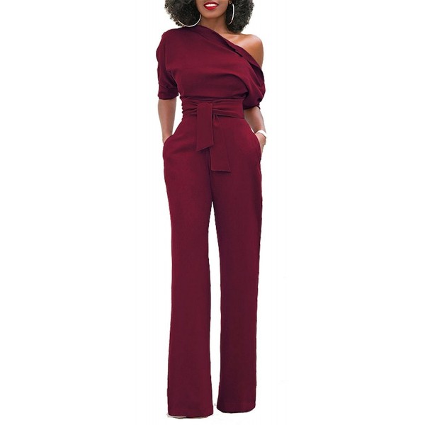 Fashion Shoulder Jumpsuit Bandage Burgundy